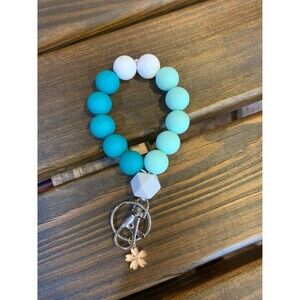 Circle Silicone Bead 15mm Wristlet Keychain Key Holder Teal Flower Charm